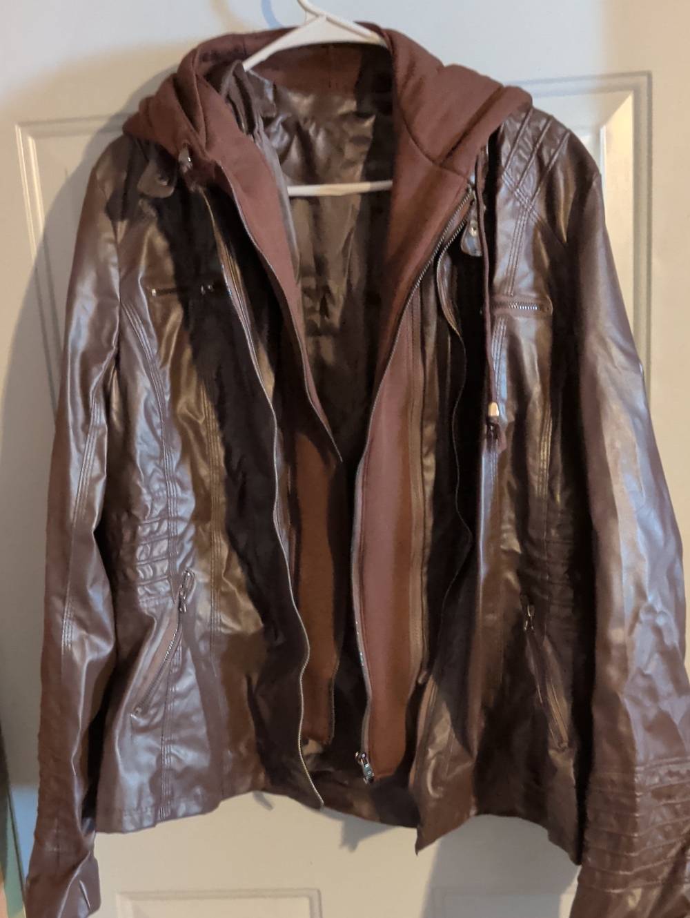Brown Faux Leather Jacket with Attached Hoodie